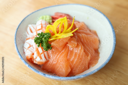 Japanese rice with fresh salmon slice sashimi