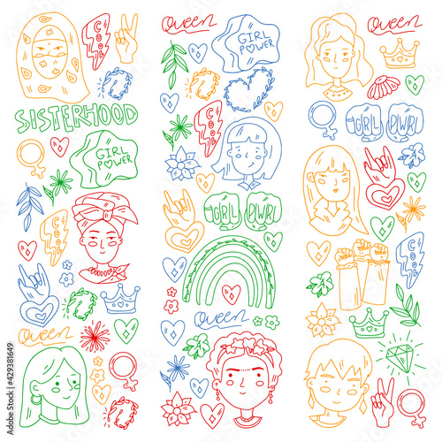 Creative pattern with vector woman. Group of african and indian girls.