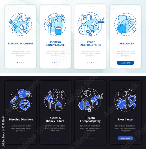 Liver failure result onboarding mobile app page screen with concepts. Ascites failure walkthrough 4 steps graphic instructions. UI, UX, GUI vector template with linear night and day mode illustrations