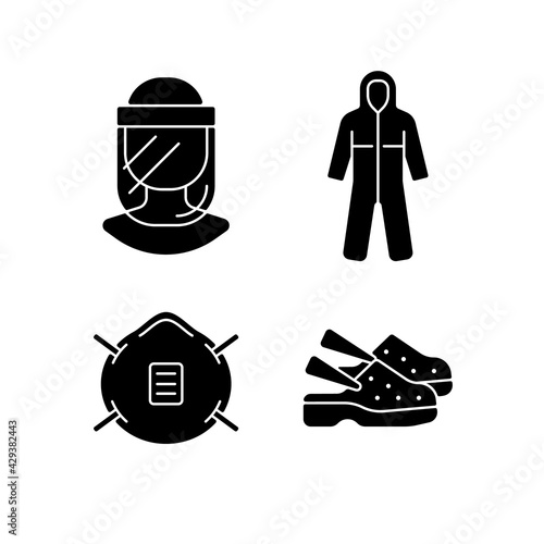 Medical equipment black glyph icons set on white space. Face shield. Disposable coveralls. N 95 mask. Medical shoes. Doctor uniform. Quarantine safety. Silhouette symbols. Vector isolated illustration