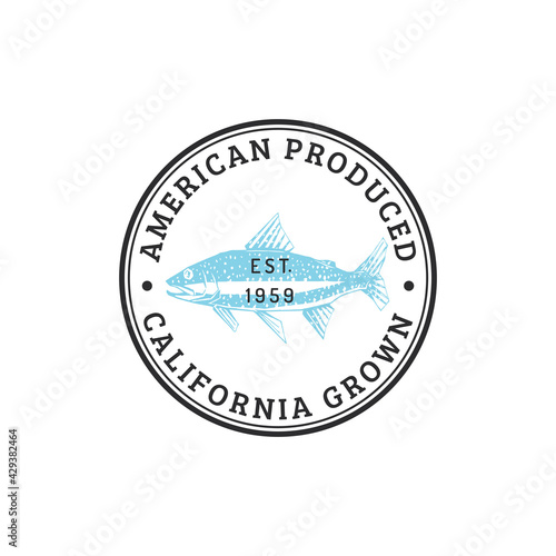 Vector trout logo with lettering. Seafood emblem.