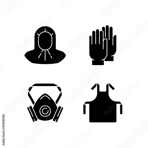 Protective medical equipment black glyph icons set on white space. Disposable gloves. Surgical apron. Medical hood. Doctor uniform. Quarantine safety. Silhouette symbols. Vector isolated illustration