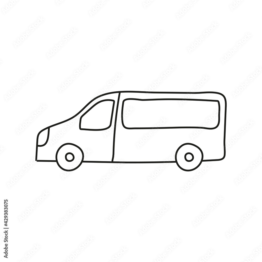 Hand drawn doodle small bus for coloring children book. Simple line, 2 - 4 age group. Big mashines, lorry, havy vehicle transport