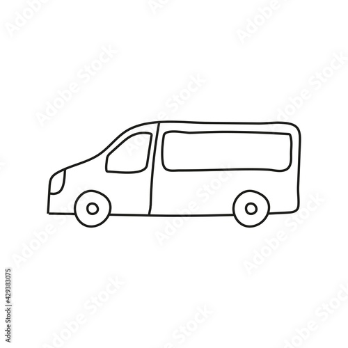 Hand drawn doodle small bus for coloring children book. Simple line, 2 - 4 age group. Big mashines, lorry, havy vehicle transport