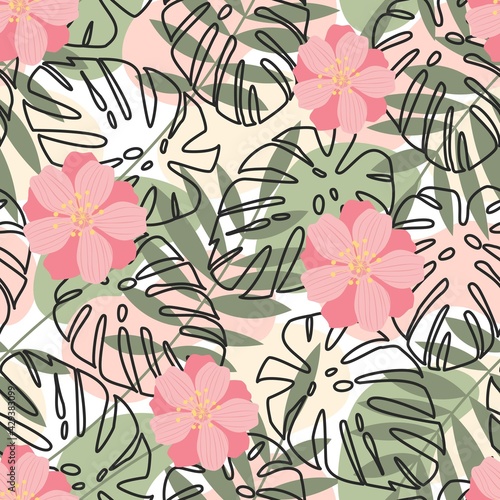 Seamless pattern of green leaves  pink flowers and contours of palm leaves on an abstract background of colored spots. Natural landscape banner. Nature freshness concept. Spring background.