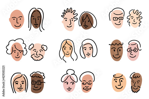 Different couple family portrait. Doodle avatar set. Woman, man, old adult face portrait, grandmother grandfather old, young man, hairstyle, african, asian, caucasian, american. Vector illustration.