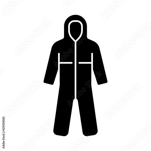 Medical coveralls black glyph icon. Protective wear from dangerous contamination. Suit for laboratory. Quarantine safety. Disposable PPE. Silhouette symbol on white space. Vector isolated illustration