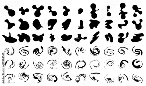 Random inkbolt set. Collection of black organic shapes, irregular simple liquid elements. Drop of fluid. Ink stain, amorphous splodge water forms. Creative vector.