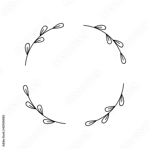 Simple vector wreath of four branches. Frame with a break. Suitable for monogram, family logo, tag, insert initials. Floral border with small leaves. Farmhouse decoration. Decorative design element.