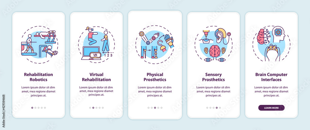 Rehabilitation engineering application onboarding mobile app page screen with concepts. Robotics walkthrough 5 steps graphic instructions. UI, UX, GUI vector template with linear color illustrations