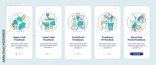 Prostheses types onboarding mobile app page screen with concepts. Upper-limb, neck prosthesis walkthrough 5 steps graphic instructions. UI, UX, GUI vector template with linear color illustrations