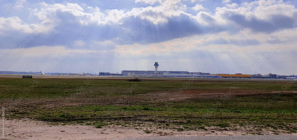 Cologne Germany April 2021 View over the airport area in beautiful spring weather with blue sky Cologne Germany April 2021 View over the airport area in beautiful spring weather with blue sky