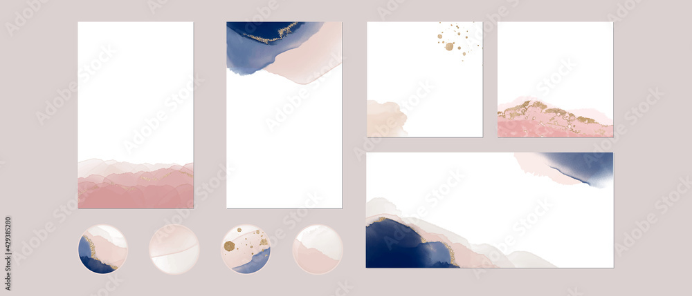 Instagram social media highlights, story post feed background template.  vector watercolor blue pink gold layout. abstract, luxury layout for  beauty, fashion, wedding Stock Vector | Adobe Stock