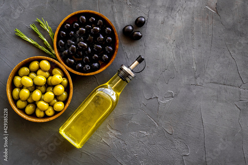 Bottle of olive oil with green and black olives, top view