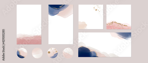 Instagram social media highlights, story post feed background template. vector watercolor blue pink gold layout. abstract, luxury layout for beauty, fashion, wedding