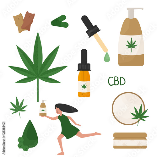 CBD products set in flat style. Cosmetics with cannabis. Cannabidiol lotion, cream and shampoo. Natural hemp beauty treatment