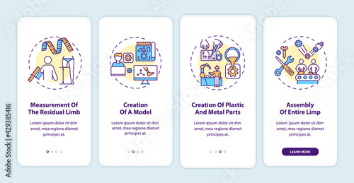 Artificial limb manufacturing steps onboarding mobile app page screen with concepts. Model create walkthrough 4 steps graphic instructions. UI, UX, GUI vector template with linear color illustrations