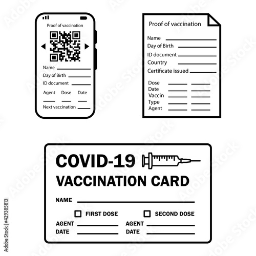 Vaccine passport. Vaccination certificate or card against Covid-19. Paper and digital document to show that a person has been vaccinated with the Covid-19 vaccine. Vector