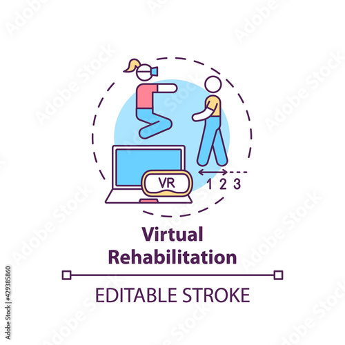 Virtual rehabilitation concept icon. Rehabilitation engineering idea thin line illustration. Virtual reality simulation exercises. Vector isolated outline RGB color drawing. Editable stroke