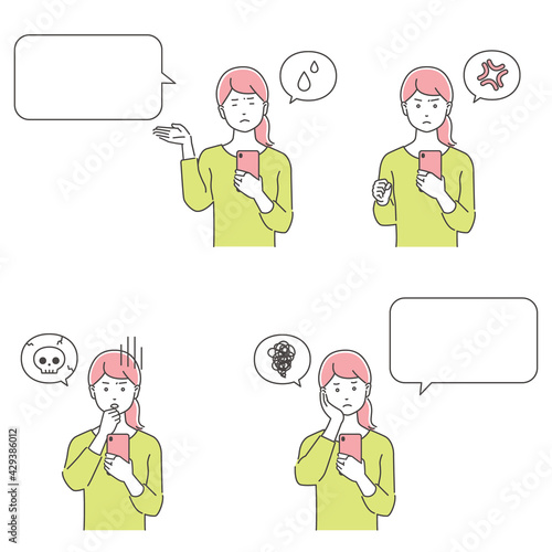 スマートフォンを持つ若い女性、表情バリエーション／困る、怒る、ショック、困惑／3色.