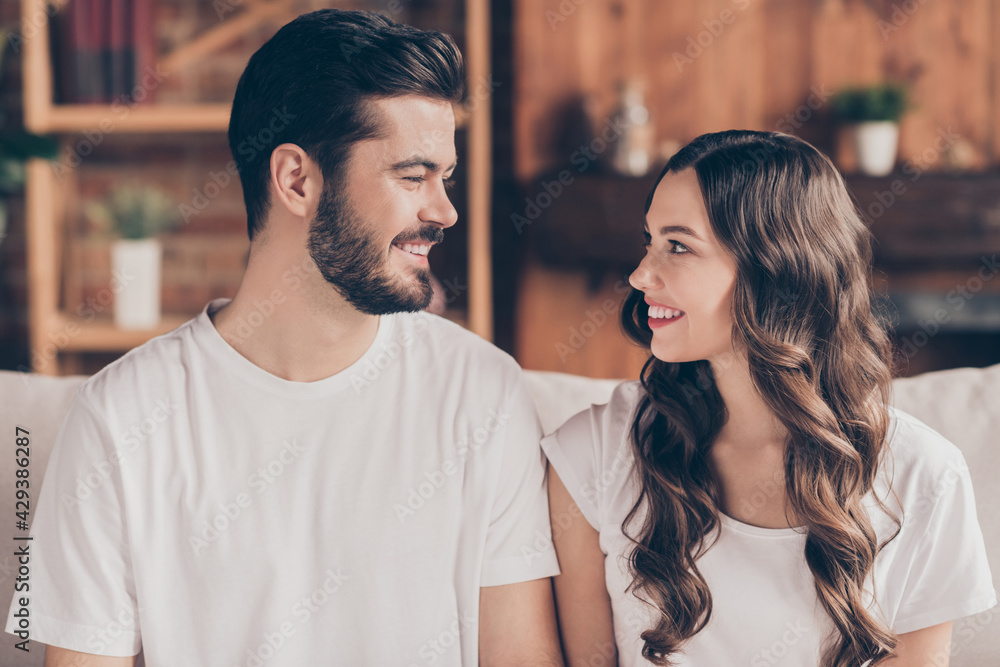 Naklejka premium Portrait of attractive cheerful couple married spouses spending free spare time sitting on divan at home house indoor