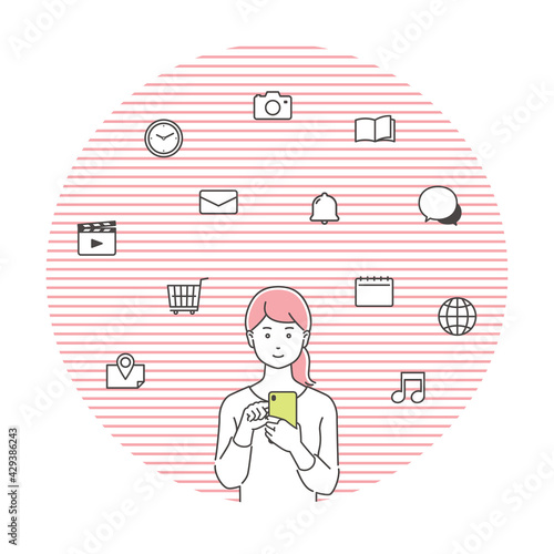 スマホを操作する若い女性　アイコン付き／3色