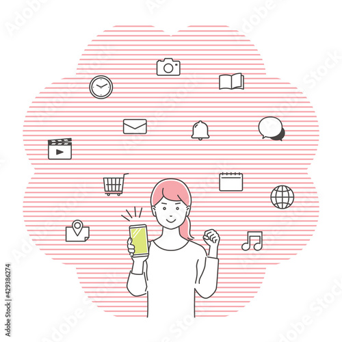 スマートフォンを持ちガッツポーズをする若い女性　アイコン付き／3色