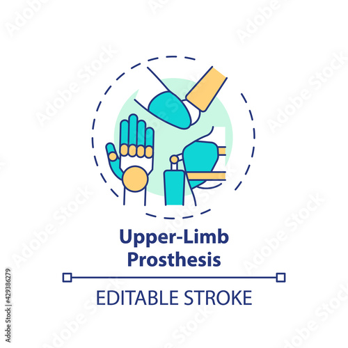 Upper-limb prosthesis concept icon. Prostheses type idea thin line illustration. Person functional ability improvement. Imitation arm, hand. Vector isolated outline RGB color drawing. Editable stroke