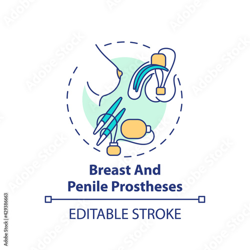 Breast and penile prostheses concept icon. Prostheses type idea thin line illustration. Breast reconstruction. Cure for erectile dysfunction. Vector isolated outline RGB color drawing. Editable stroke