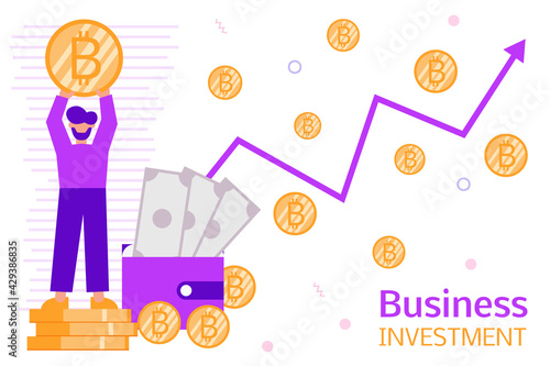 Cryptocurrency vector concept. Businessman analyzing a growth cryptocurrency graph. Man with bitcoin coin in hands, wallet and gold coin of bitcoin around.