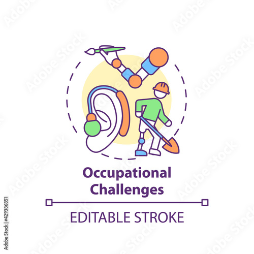 Occupational challenges concept icon. Upper-limb prostheses task idea thin line illustration. Vocational use. Accomplishing activities. Vector isolated outline RGB color drawing. Editable stroke