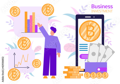 Businessman analyzing a growth cryptocurrency graph, phone,wallet,dollars,gold coin of bitcoin with background of tree leaves. Business, finance and trade. Cryptocurrency vector concept.