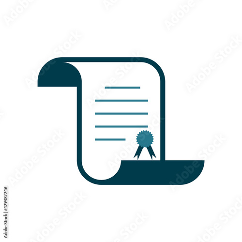 Rolled diploma or certificate icon. Paper scroll with stamp. Old fashioned parchment award. College, higher education concept at university. PHD or doctoral degree. Vector illustration, flat, clip art