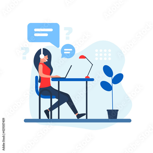 Woman with headphones and microphone with laptop. Flat illustration of support, call center, customer service.