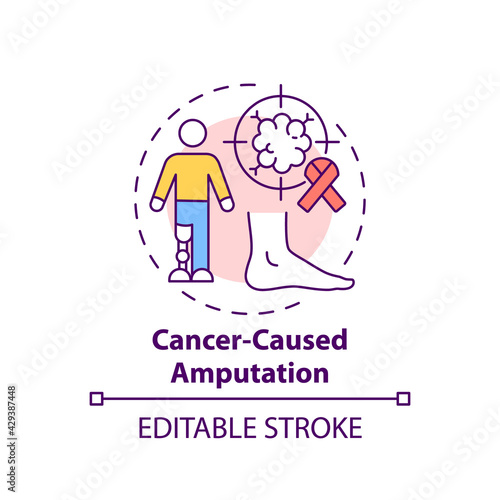 Cancer-caused amputation concept icon. Amputation cause idea thin line illustration. Surgical limb with tumor removing. Bone tumor treatment. Vector isolated outline RGB color drawing. Editable stroke