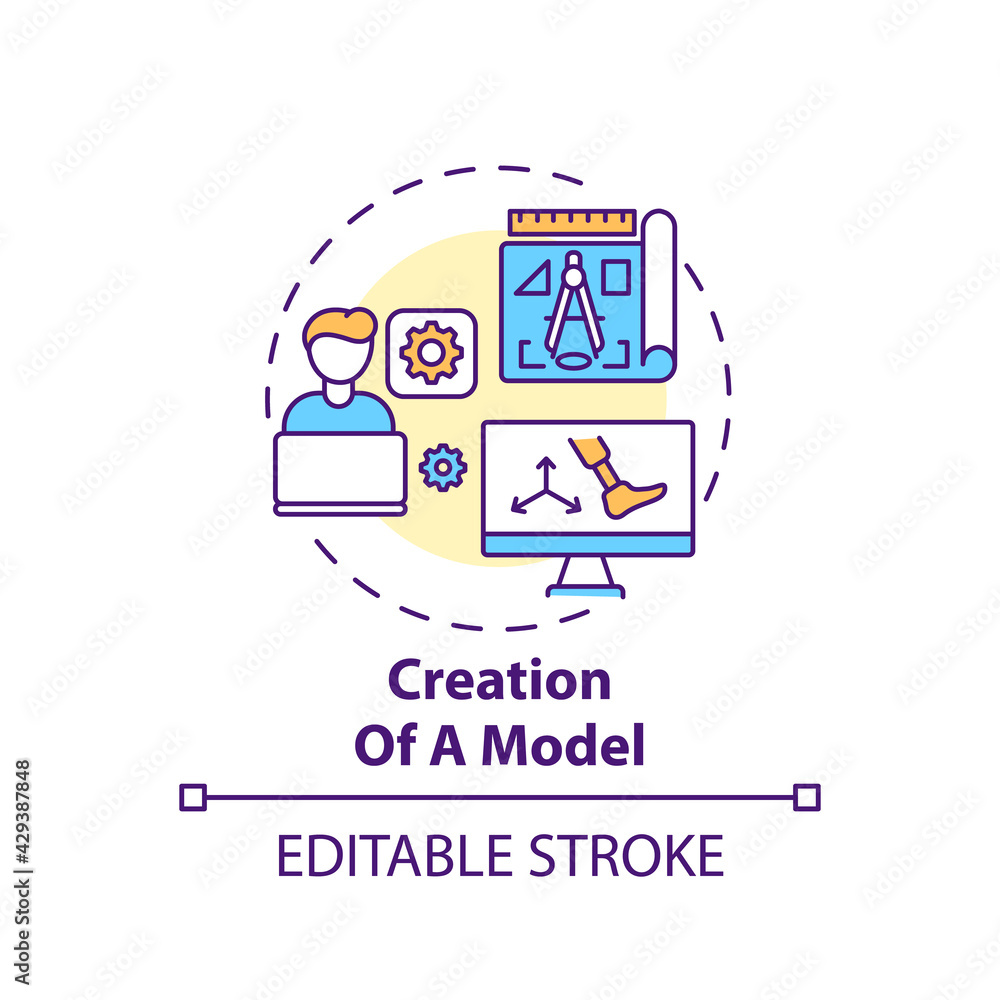 Model creation concept icon. Artificial limb manufacture idea thin line illustration. Prosthesis design, configuration. Virtual prototyping. Vector isolated outline RGB color drawing. Editable stroke Model creation concept icon. Artificial limb manufacture idea thin line illustration. Prosthesis design, configuration. Virtual prototyping. Vector isolated outline RGB color drawing. Editable stroke