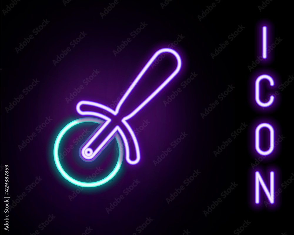 Glowing neon line Pizza knife icon isolated on black background. Pizza cutter sign. Steel kitchenware equipment. Colorful outline concept. Vector Glowing neon line Pizza knife icon isolated on black background. Pizza cutter sign. Steel kitchenware equipment. Colorful outline concept. Vector