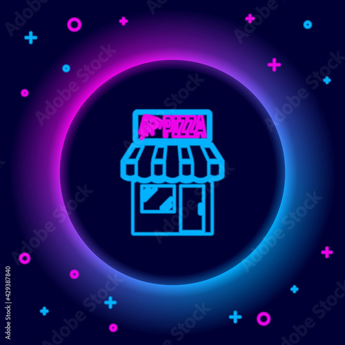 Fototapeta Naklejka Na Ścianę i Meble -  Glowing neon line Pizzeria building facade icon isolated on black background. Fast food pizzeria kiosk. Colorful outline concept. Vector