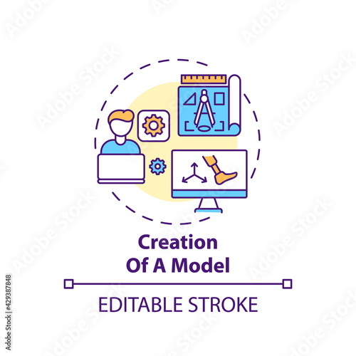 Model creation concept icon. Artificial limb manufacture idea thin line illustration. Prosthesis design, configuration. Virtual prototyping. Vector isolated outline RGB color drawing. Editable stroke
