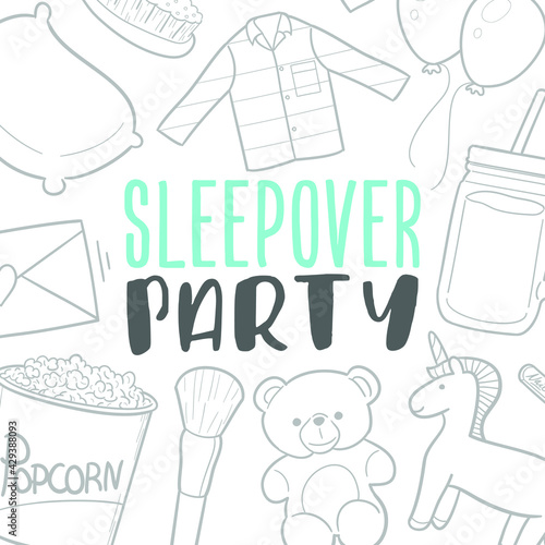 Sleepover Party Doodle Banner Icon. Relax Vector Illustration Hand Drawn Art. Line Symbols Sketch Background.