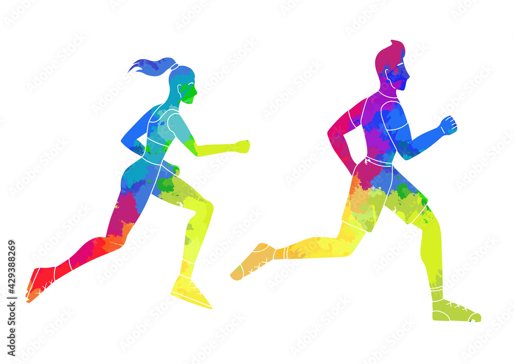 Set of rainbow watercolor silhouettes of running man and woman. Jogging. The modern persons involved in sports. Icons and logos of marathon athletes. Vector flat illustration Set of rainbow watercolor silhouettes of running man and woman. Jogging. The modern persons involved in sports. Icons and logos of marathon athletes. Vector flat illustration
