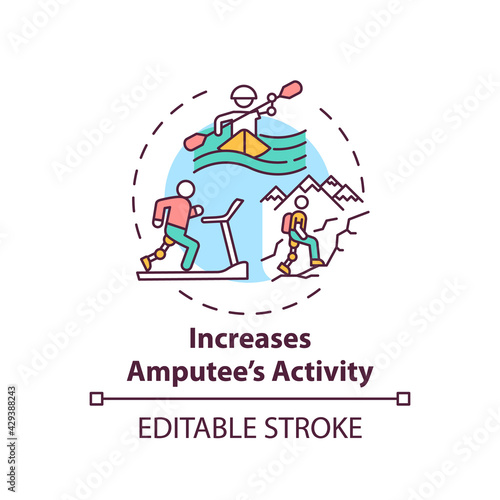 Increasing amputee activity concept icon. Prosthesis replacement condition idea thin line illustration. Participation in recreational sports. Vector isolated outline RGB color drawing. Editable stroke © bsd studio