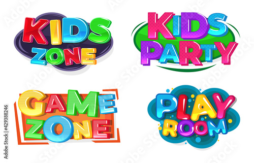 Kids zone logo set. Children game party logos. Game, party. Vector design