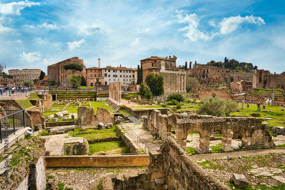 forum romanum in Rome, Italy. View to Trajan's Forum and Market of Trajan Imperial fora in ancient Rome. Travel and vacation in Italy
