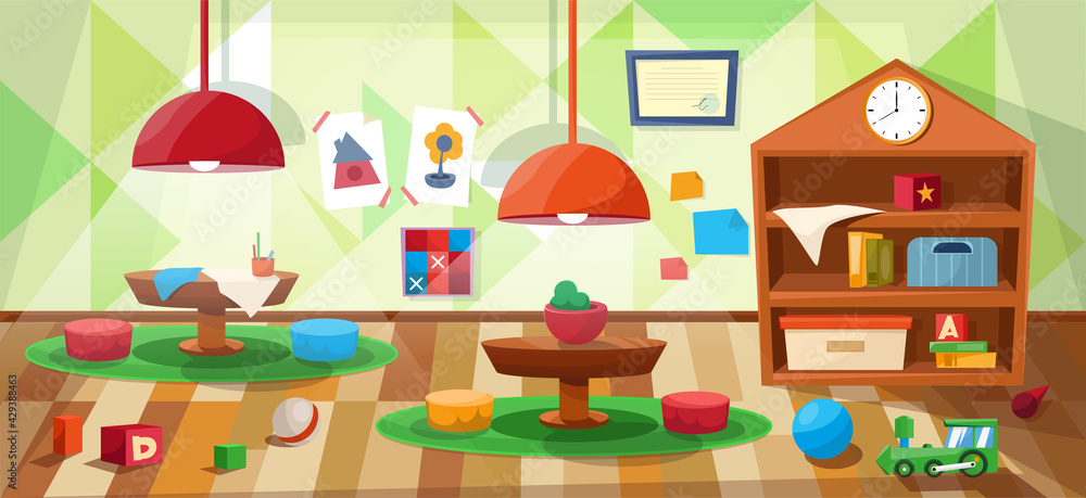 Kindergarten class without children. School class with tables and toys. Vector interior.