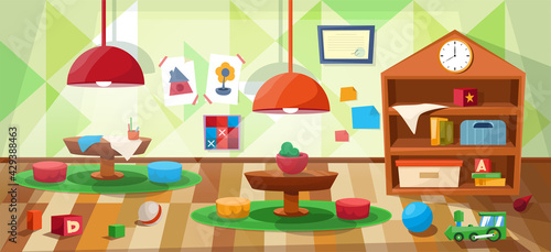 Kindergarten class without children. School class with tables and toys. Vector interior.