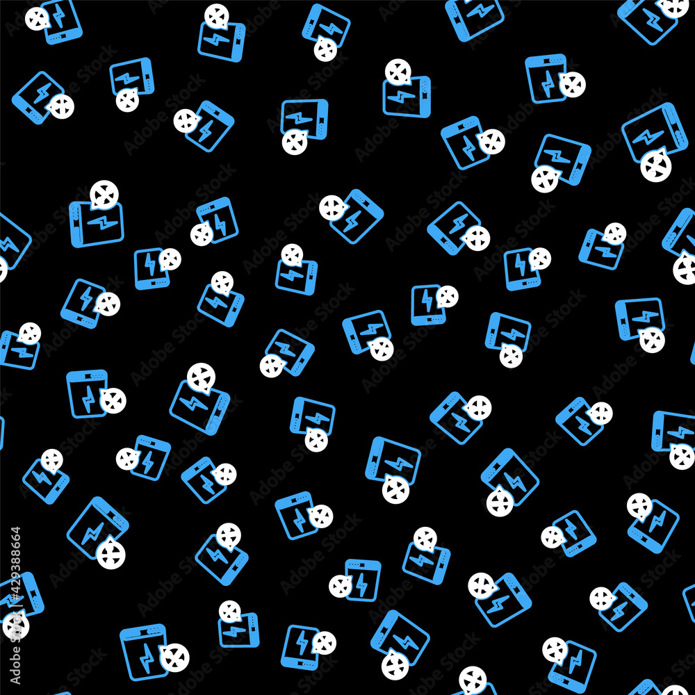Line Power bank with screwdriver and wrench icon isolated seamless pattern on black background. Adjusting, service, setting, maintenance, repair, fixing. Vector Line Power bank with screwdriver and wrench icon isolated seamless pattern on black background. Adjusting, service, setting, maintenance, repair, fixing. Vector