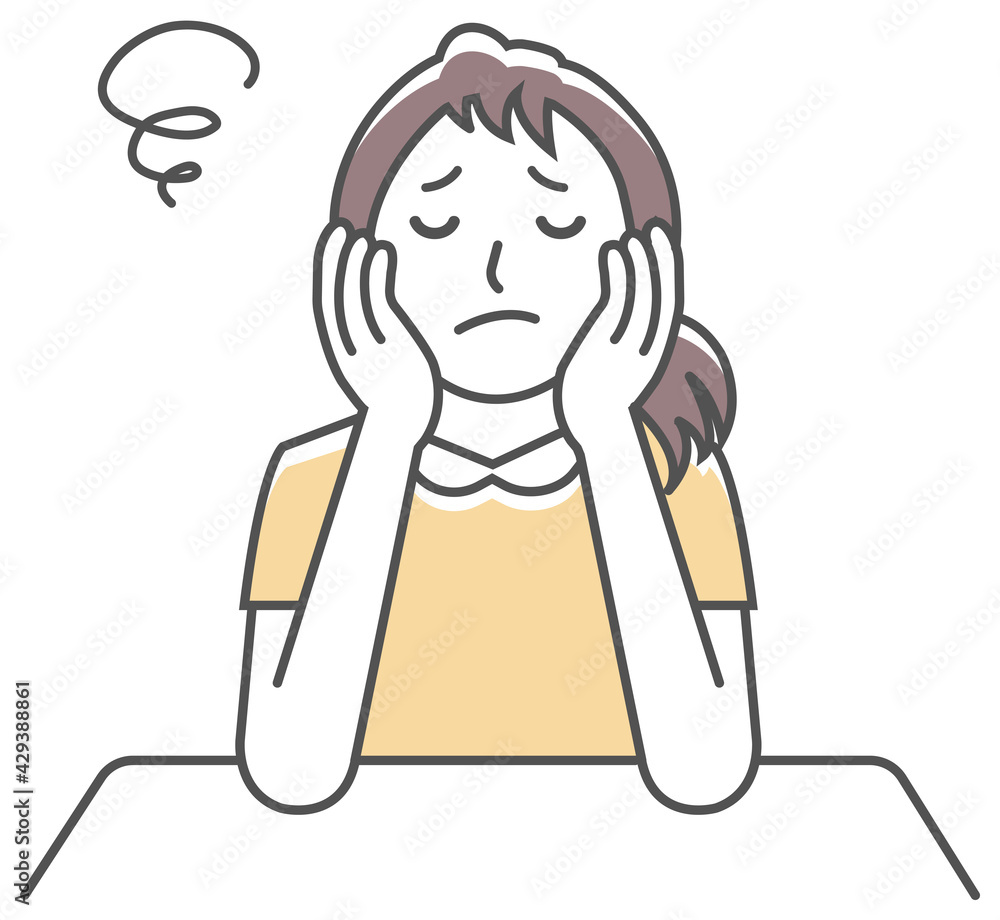 Young woman illustration sitting and rest her chin in her hands ( thinking, worried, nervous ) Young woman illustration sitting and rest her chin in her hands ( thinking, worried, nervous )