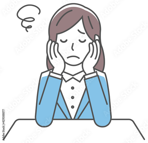 Young woman illustration sitting and rest her chin in her hands ( thinking, worried, nervous )