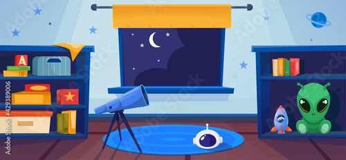 Playroom for a boy in space style interior. With a large telescope for stargazing. Vector design.